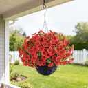 VIERENA 2 Sets Artificial Morning Glory and Eucalyptus Hanging Basket for Outdoor, UV-Resistant Fake Flower Hanging Basket, Suitable for Porch, Aisle, Garden, Patio, Eaves Decor (Red)
