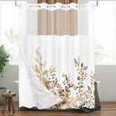 Tititex No Hooks Snap in Liner Tan Eucalyptus Leaves Shower Curtain Sets, Hotel Luxury Double Layers Waterproof Fabric & See-Through Top Window Bathroom Decorative 72x78 Inch
