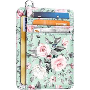 Slim Front Pocket Wallet RFID ID Card Holder Cute Small Wallet with Keychian for Women,Green Flowers
