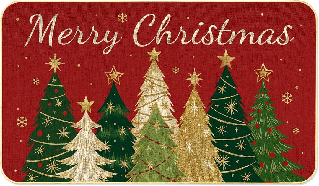 Merry Christmas Door Mat Red and Gold Xmas Tree Doormat Outdoor/Indoor Entrance Non-Slip Welcome Mat Winter Home Decor 17x29 Inch