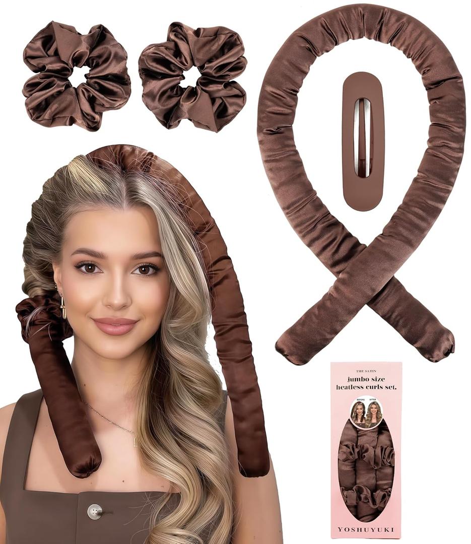 Jumbo Heatless Curls Overnight Hair Curler to Sleep In Soft Large Hair Rollers for Long Hair Blowout Look No Heat Overnight Curls, Satin Flexi Rods for Big Curl Heatless Curling Rod Set with Clip (1.77" JUMBO - Brown)