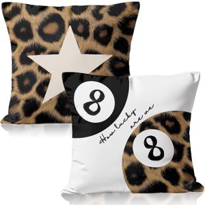 Cheetah Leopard Lover Gifts for Women,Preppy Star Lucky 8 Ball,Cheetah Leopard Print Room Decor Pillow Cover 18x18 Set of 2,Coquette Preppy Pillow Covers for Girls Room Dorm Apartment Decor(5)