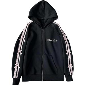 MakeMeChic Women's Y2K Bow Knot Striped Sweatshirt Long Sleeve Zip Up Letter Print Hoodies Tops (Medium, Black)