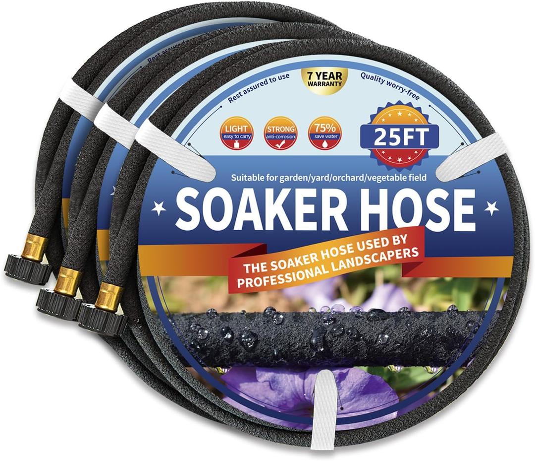 3 Pack Soaker Hose 25 FT, 1/2 Diameter Heavy Duty Soaker Hoses 75 FT for Garden Beds To Save 70% Water, Short Drip Soaker Hose for Vegetable Beds (3 Pack 25 FT)