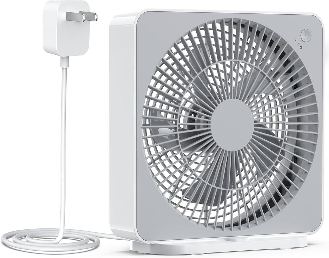 10 Inch Small Box Fan, 3 Speeds Square Table Fan Powered by AC Adapter, Quiet Running, Air Circulator Small Window Fan for Bedroom Bathroom Kitchen Home Desktop