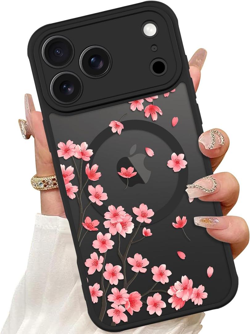 ZIYE Magnetic Case for iPhone 17 Pro Max 6.9 Inch [Compatible with MagSafe] Hard PC and Soft TPU Case with Cherry Blossom Pink Floral Anti-Scratch Shockproof Protection Phone Cover for Women