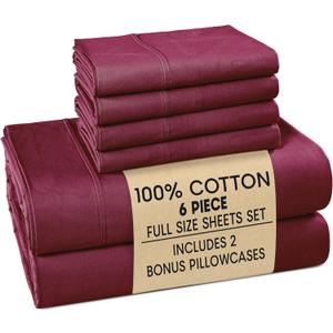 Casa Platino Full Size Sheet Set  6 Piece Cooling Sheets Full Size 100% Cotton Crisp Percale Sheets with Breathable & Cozy Feel, 15" Deep Pocket Fitted Sheet for Secure Fit  Windsor Wine