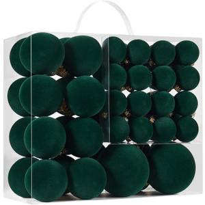 Velvet Christmas Ball Ornaments Set-46pcs Flocked Shatterproof Christmas Tree Decorations Plastic Xmas Decorative Hanging Ornaments for Xmas Holiday Home Decor,3 Sizes(Dark Green)