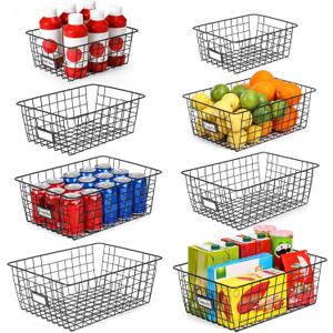 8 Set, Extra Large Wire Baskets for Organizing with Labels, Cabinet Pantry Organization and Storage Bins - Metal Basket for Kitchen, Laundry, Garage, Fridge, Bathroom Countertop Organizer, Black