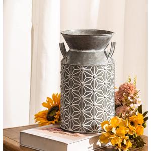 Vintage Galvanized Metal Milk Can, Farmhouse Decorative Flower Vase, Rustic French Country Milk Jug for Home Decor,10.6''H