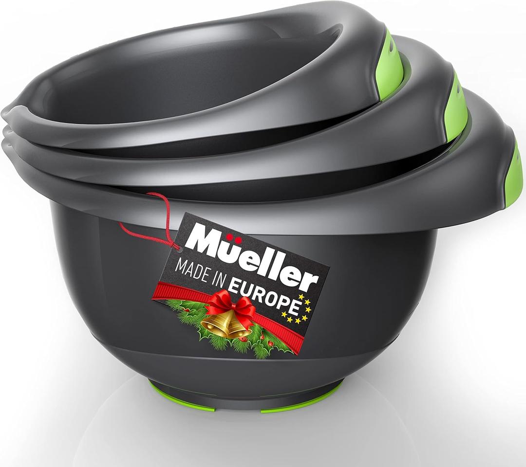 Mueller Mixing Bowls Set of 3, Baking Bowl Set with Non-slip Bottom, Ergonomic Handles, Pour Spout, Space Saving Nesting Bowls, for Cooking, Food Prep, Baking, Gray