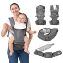 BabbleRoo Grow Carrier  Safety-Certified 6-in-1 Baby Carrier with Hip Seat, Ergonomic & Adjustable Toddler Carrier 7-50 lbs with Hip Support, Hood for Sun Protection, Newborn to Toddler, Gray