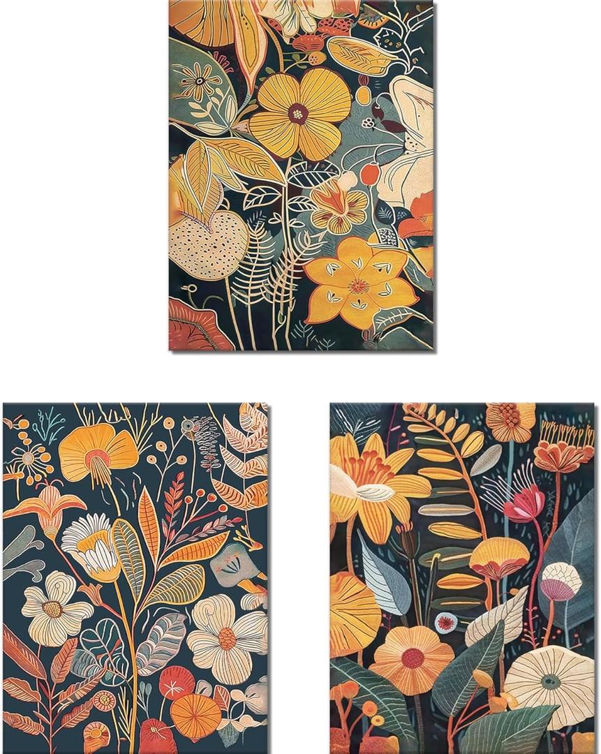 Orange Floral Wall Art Set of 3, Colorful Plant Pictures Wall Decor, Vintage Botanical Canvas Prints, Abstract Boho Flowers Posters, Nature Artwork for Living Room Bedroom Unframed 12X16 inch