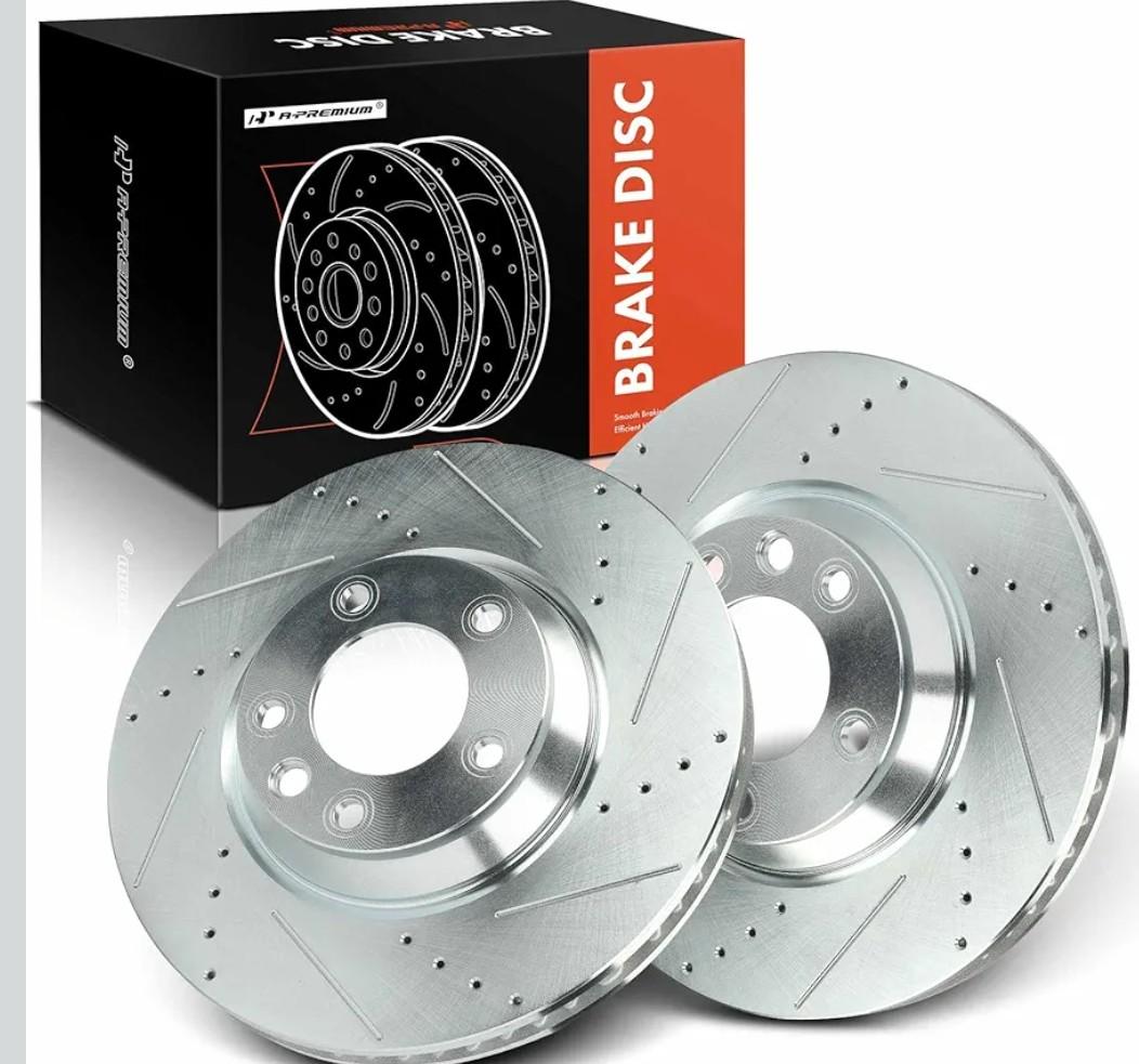 A-Premium 13.77 inch (349.7mm) Front Drilled and Slotted Disc Brake Rotors Compatible with Select Audi, Porsche and Volkswagen Models - Q7 2007-2015, Cayenne 2003-2018, Touareg 2004-2010, 2-PC Set