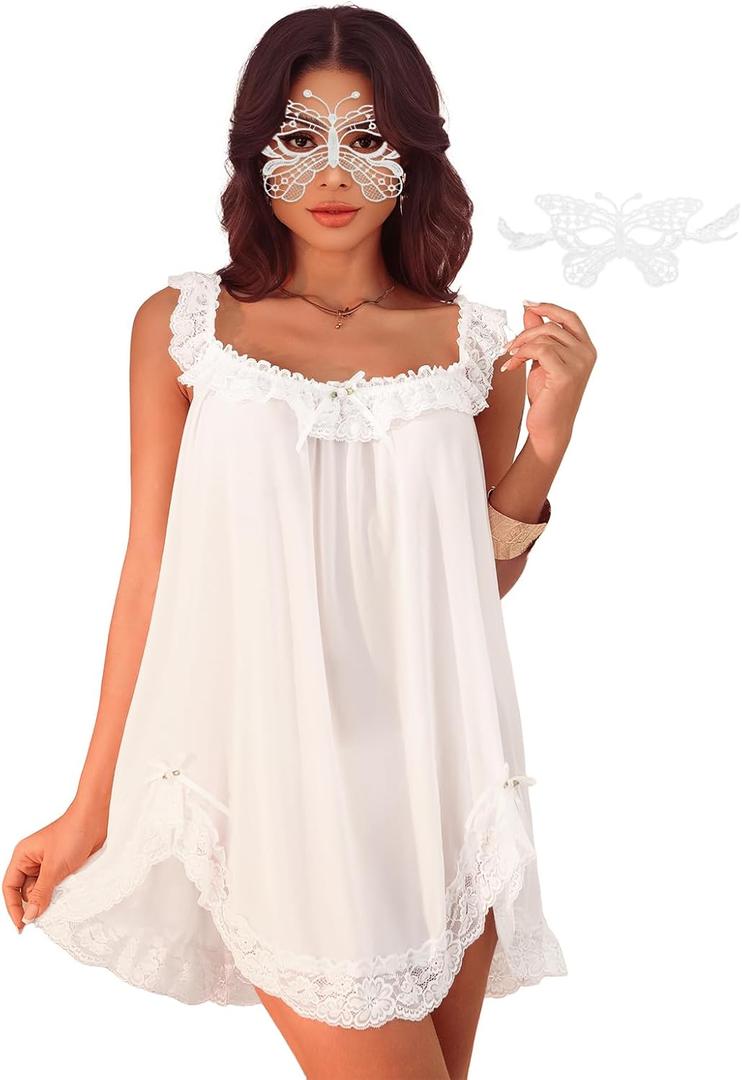 Sexy Bows Split Side Ruffle Lace Mesh Sheer Babydoll Lingerie Dress Set with Thong+Lace Eye Mask 3 Piece (Medium, White)