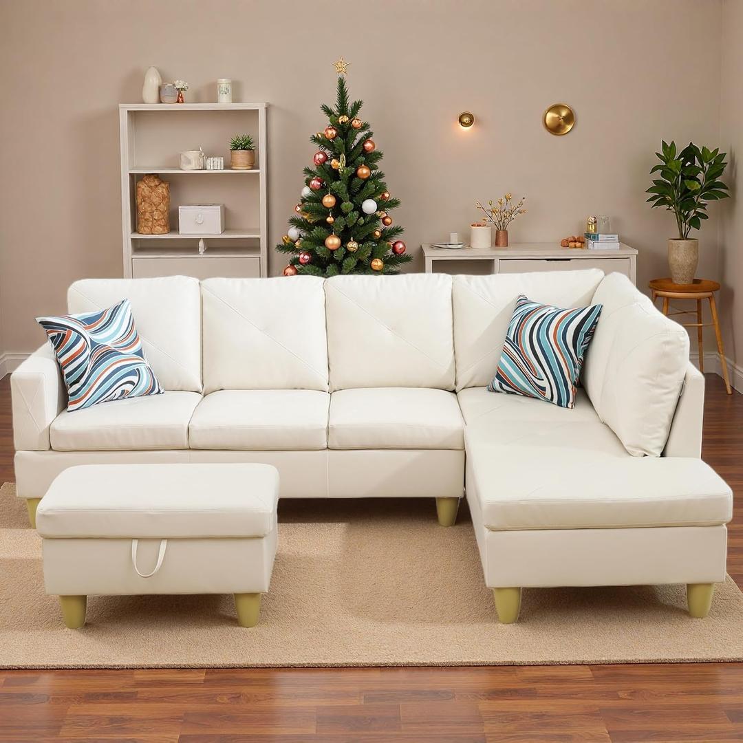 97.5" L Shaped Couch Set, Modular Sectional Couches for Living Room with Storage Ottoman, 4 Seat Home Sofa Living Room Furniture Sets with Chaise for Apartment Office (Faux Leather, White)