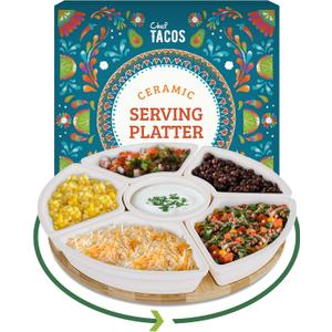 Ceramic Taco Serving Platter - Divided Serving Tray for Taco Tuesday Lazy Susan Taco Bar - Chip and Dip Serving Set for Party - Appetizer Serving Tray for Salsa, Snacks (10 in)