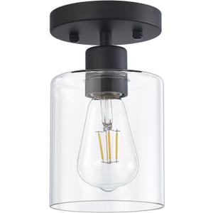 Black Semi Flush Mount Ceiling Light, 1-Light Ceiling Light Fixtures, Farmhouse Light Fixtures Ceiling Mount, Ceiling Lights with Glass Shade for Kitchen Hallway Foyer Entryway Bedroom(1 Pack)