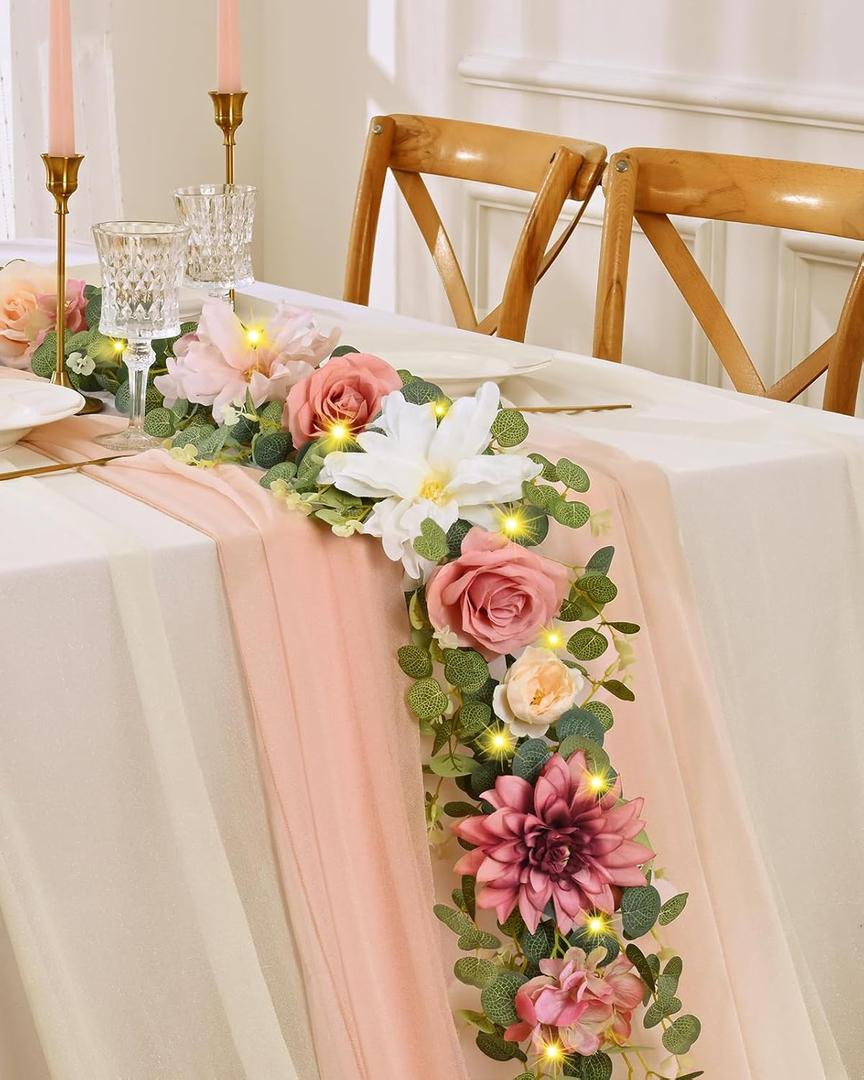 Waipfaru Flower Garland Decorations, 6.07Ft Pink Floral Rose Garland, Artificial Eucalyptus Greenery Vines with Flowers for Wedding Table Runner Centerpieces Backdrop Room Decor (Dusty Pink-lights) (1 Pack)