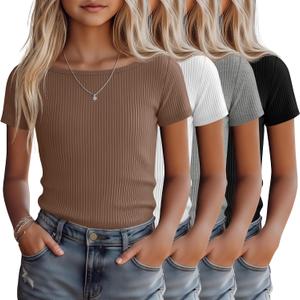 4 Pack Girls Short Sleeve Shirts Ribbed Knit Cotton Boat Neck Slim Fit Tops Basic Casual Cute Tees for 5-14 Years (Black)