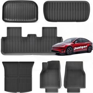 2025 2026 Tesla Model Y Juniper Floor Mats, Cargo Mats Full Sets, Non-Slip Waterproof & Easy-Clean Durable Upgraded-Lengthened Floor Liners and Cargo Trunk Mats Accessories, Set of 6 Mats