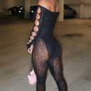 Womens Sexy Off Shoulder Leopard Mesh Jumpsuit Rhinestone Cutout One Piece Lace Bodysuit Nightclub Party Outfits (Black, M)