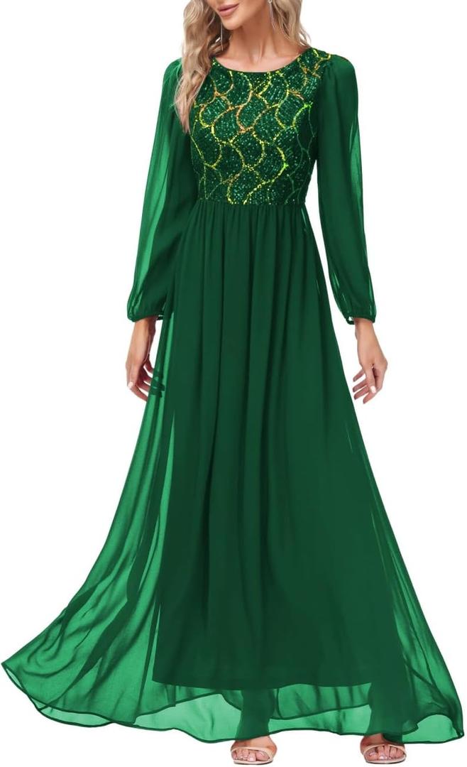 Women's Sequin Evening Dresses Long Sleeves Crewneck Floor Length Chiffon Formal Ball Gowns Dress (XL)