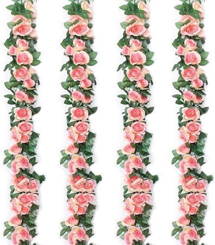 Musdoney 4Pcs 32.2 FT Fake Rose Vine Flowers Plants Artificial Flower Garland Hanging Rose Ivy Home Hotel Office Wedding Party Garden Craft Art Decor (Pink)