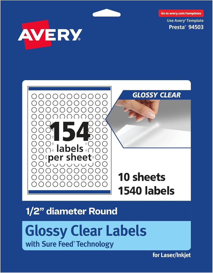 Avery Glossy Clear Round Labels, Sure Feed Technology, 0.5" Diameter, 1,540 Glossy Clear Labels, Print-to-The-Edge, Laser/Inkjet Printable