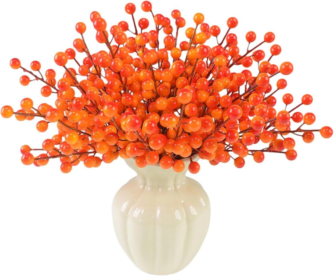 44PCS Artificial Fall Berry Stems Branches, 8.6 Inch Faux Orange Holly Fall Berry Picks and Sprays, Falls Floral Picks Ornaments for Autumn Thanksgiving Wreath Table Vase Centerpiece DIY Decorations