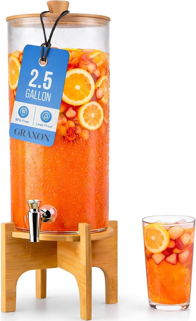 Drink Dispenser with Bamboo Stand & Spigot (2.5 Gallon) Large Plastic Beverage Dispenser for Parties, Cocktails, Juice, Lemonade, Water, Soda, Sangria & More, LARGE 2.5 GALLON CAPACITY - Spacious drink dispenser holding up to 2.5 gallons (9.5L)