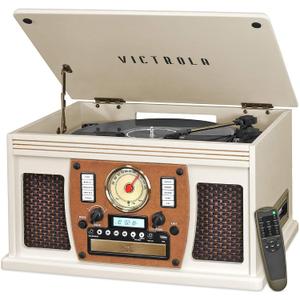 Victrola Navigator 8-in-1 Bluetooth Record Player with Built-in Speakers 3 Speed Turntable, CD Player, Cassette, FM Radio, USB, RCA Out, Headphone Jack, Wireless Music Streaming, Real Wood (White)