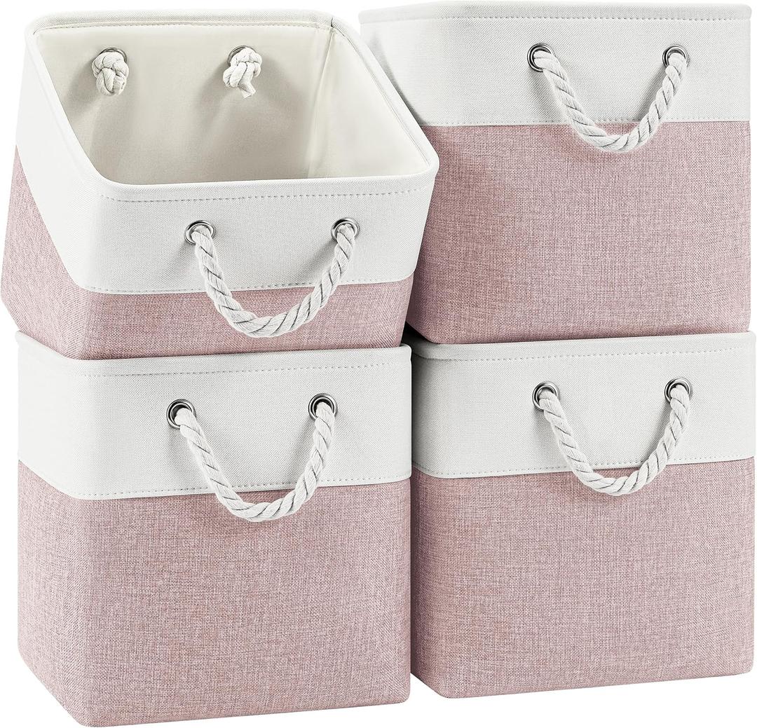 11 Inch Cube Storage Bins, 4 Pack Fabric Storage Cubes with Rope Handles, Organizer Baskets for Closet Shelves, Clothes and Home Organization(White/Pink)