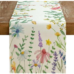 GEEORY Spring Table Runner 13x108 Inch Watercolor Wild Flower Farmhouse Rustic Holiday Kitchen Dining Table Decoration for Indoor Outdoor Dinner Party Dcor GT004