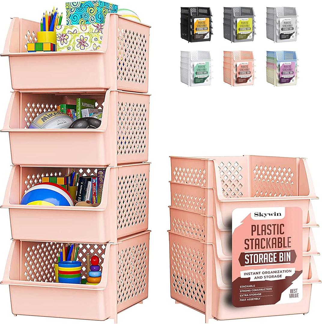 TidyFriend Stackable Storage Bins for Pantry, 4 Pack Stackable Bins For Organizing Food, Kitchen, and Bathroom Essentials (Cream)