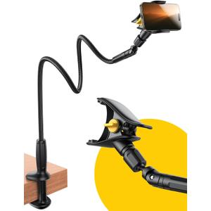 JOYROOM Gooseneck Phone Holder for Bed - [Safety Lock] & [Nylon Braid] 39.37 Flexible Long Arm Phone Stand for Desk, 720 Adjustable Overhead Phone Mount for iPhone 16, All 4-7" Devices (Carbon Black)