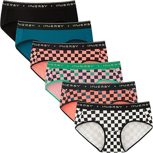INNERSY Women’s Underwear Cotton Hipster Panties Mid Rise Briefs Tagless Wide Waistband 6 Pack, Medium
