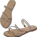OYOANGLE Women's Rhinestone Strappy Open Toe Slide Sandals Slip on Casual Flat Sandals, Size 8.5