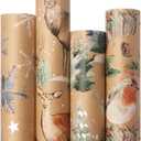 Ribbli 4 Rolls Christmas Wrapping Paper Vintage Kraft Wrapping Paper, 30 x 120 inch(10ft) Per Roll, 100 Sq Ft Total, Brown Kraft Paper with Winter Elements Pattern Snowflake/Tree/Reindeer/Bird