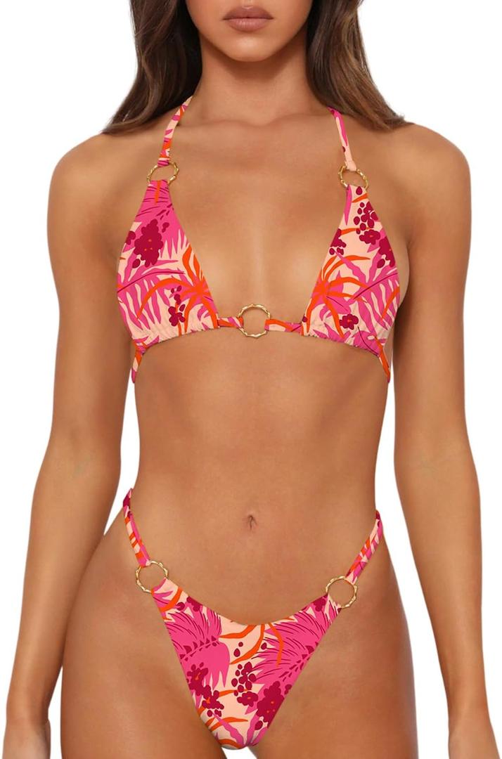 Sexy Bikinis for Women 2 Piece Bikini Spaghetti Strap Swimsuits Solid Color Bathing Swimwear Triangle Bathing Suit (Medium, Flower 7)