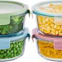 8 Pcs Round Glass Containers with Lids Airtight 4 Cup Glass Storage Containers Set Meal Prep Containers for Soup Leftover Microwave, Dishwasher, and Freezer Safe(4 Sets (White)