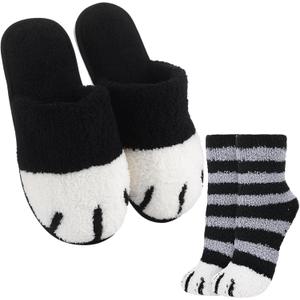 JaGely 2 Pairs Christmas Cat Paw Slippers and Fuzzy Striped Socks for Women Men Cute Plush Cat Feet Slippers Socks Gifts (9-10, Black)