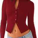 Matunana Womens Long Sleeve Tops Fall Lightweight Cardigan Cropped Going Out Shirts Ribbed Button Down Cute Trendy 2026 (Large, Red)