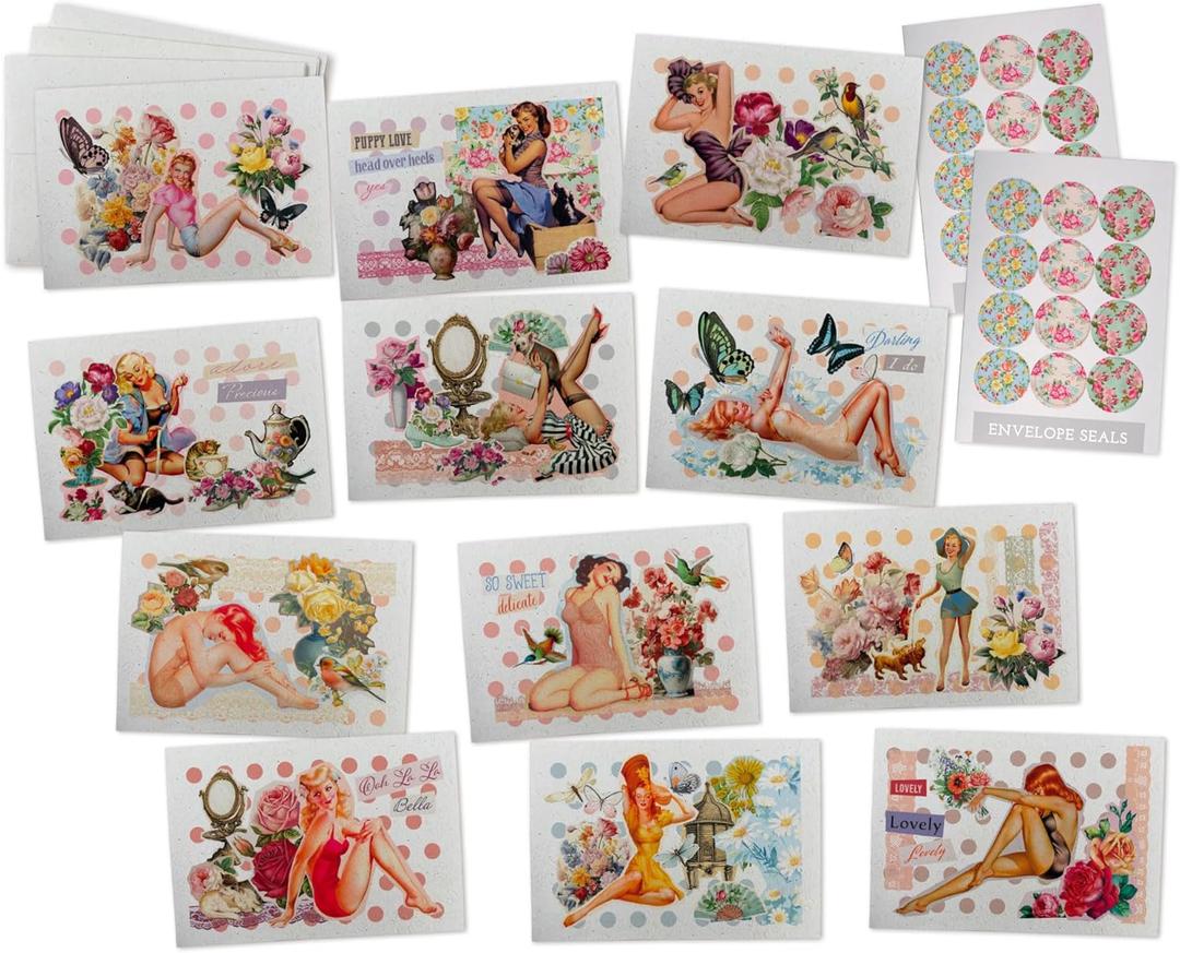 Vintage Pinup Girls Note Cards - 24 Antique Pin Up Girls Cards with Envelopes & Vintage Sticker Seals - Assorted Retro Illustration Cards Printed on Antique Textured Style Cardstock