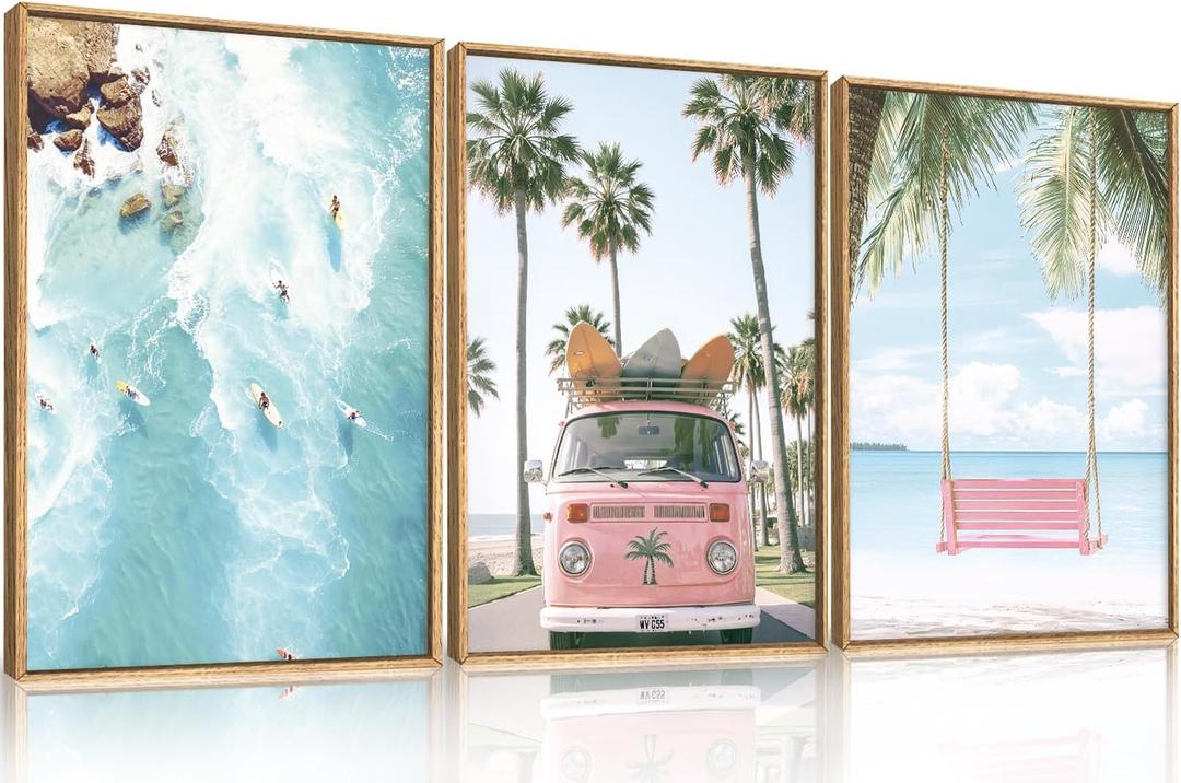 Large Summer Beach Surfing Scene Framed Canvas Wall Art Set,Coastal Pink Van and Surfboards Wall Decor,Trendy Beach Swing Palm Trees Artwork for Living Room,Bedroom-16 x24 x3