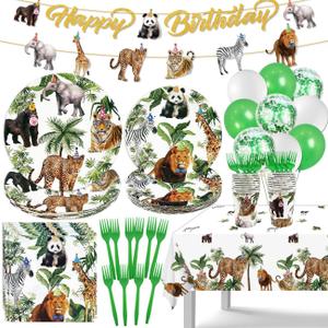 Jungle Theme Safari Birthday Party Decorations, Wild Animal Plates and Napkins for Boy Kids Jungle Dinnerware with Cups Tablecloth Banner and Balloons for Zoo Theme Birthday Decorations,Serve 20
