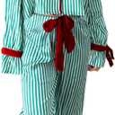 Argeousgor Women Christmas Satin Pajamas Striped 2 Piece Pjs Set Long Sleeve Button Down Shirt Bow Tie Shorts Sleepwear (S)