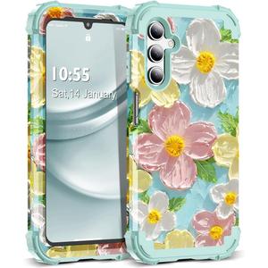 for Galaxy A15 5G Case,3 in 1 Oil Painting Flower Pattern Heavy Duty Shockproof Protection Silicone Rubber Bumper+Hard Plastic Hybrid Protective Cover for Samsung A15 6.5",Green Flower