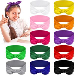Giegxin 12 Pack Colorful Polyester Cloth Headbands for Girls Removable Rabbit Ear Bow Hairbands Hair Accessories, 12 Colors (Multicolor)
