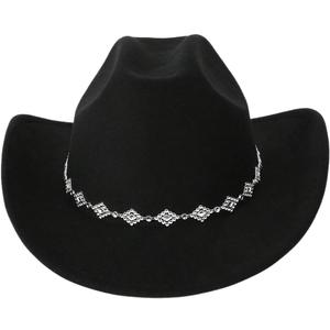 Verdusa Women's Western Cowboy Hat Rhinestone Wide Brim Cowgirl Hat (Black)